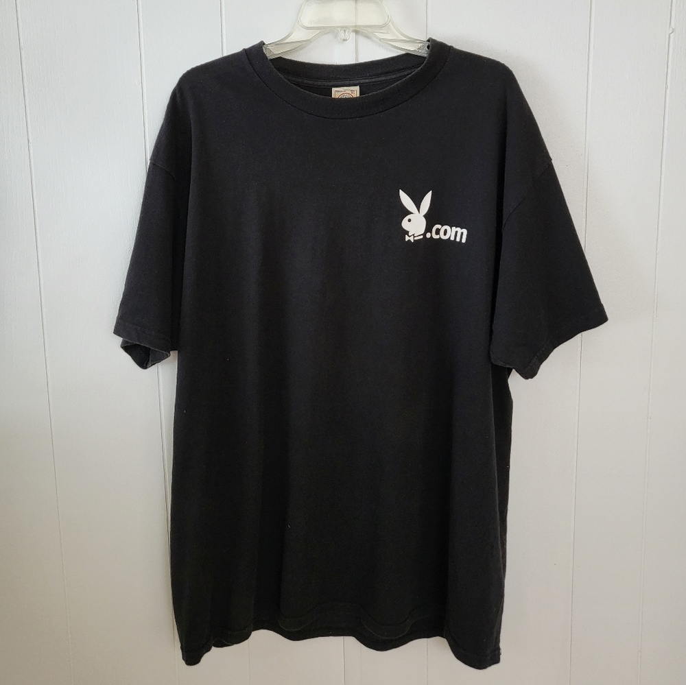 PLAYBOY | VTG 90's Black T-Shirt Dot-Com White Bunny Logo Collectable Men's XL